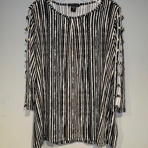 Robert Louis Tunic Slit Arms Size L Top Gold Accents Easy Care Black Brown